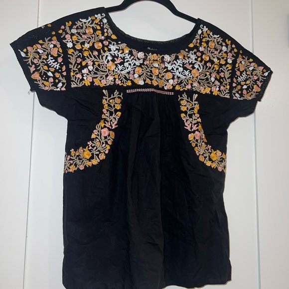 Madewell Top Womens XS Black Embroidered Floral Boho Short Sleeve Blouse Shirt - Picture 6 of 7